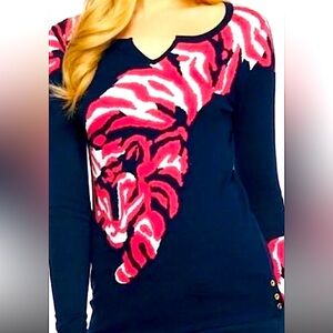 Lilly Pulitzer Tiger Jacquard Sweater 100% Cotton In Navy. Woman’s Size Medium